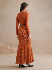 Anewsta Elegant High Waist Floral Lace Patchwork Fishtail Sweater Dress