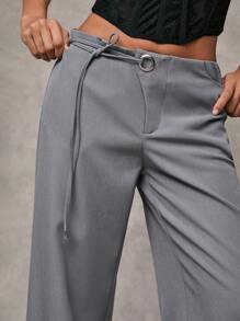 SHEIN BAE 女士灰色纯色百搭通勤休闲日常休闲腰部孔眼装饰抽绳阔腿宽松裤 - 灰色 - 查看 6