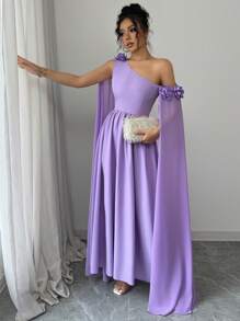 Rafferiza French Elegant Asymmetric Floral Print Sheer Ruffle Waist A-Line Dress For Women, Suitable For Daily, Party, Spring/Summer - Mauve Purple - View 3