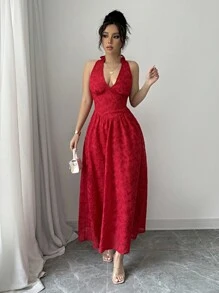 SHEIN Raffinéa 女士优雅纯色花卉印花挂脖长裙 - 紅色 - 查看 4