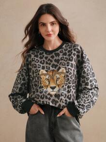 Anewsta Fashionable City Leopard Print Rhinestone Crew Neck Sweatshirt Pullover Fall Sweatshirt - Grey - View 1