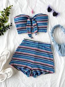 Soleia Conjunto de 2 piezas de top corto bandeau y shorts de cintura alta, conjunto de vestimenta para playa