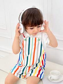 Baby Boy Casual Sports Cute Funny Colorful Romper With Suspender Shorts, Suitable For Spring & Summer, Wear At Home Or Go Out