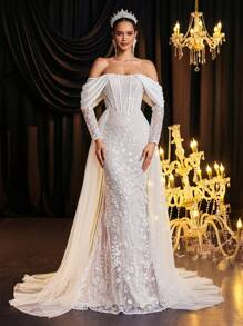 Glamrae Elegante, lujoso y romántico vestido de novia con diseño de manga transparente de malla bordada con cuentas, escote hombros descubiertos, manga tipo gota con adorno de cinta, falda ajustada de sirena con vuelo y volumen de tul, ideal para bodas - Blanco - Ver 7