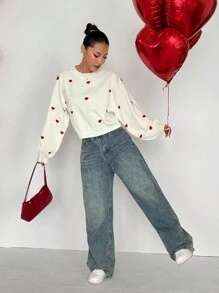 Flirla 情人节爱心图案圆领甜美优雅针织套头衫秋冬毛衣