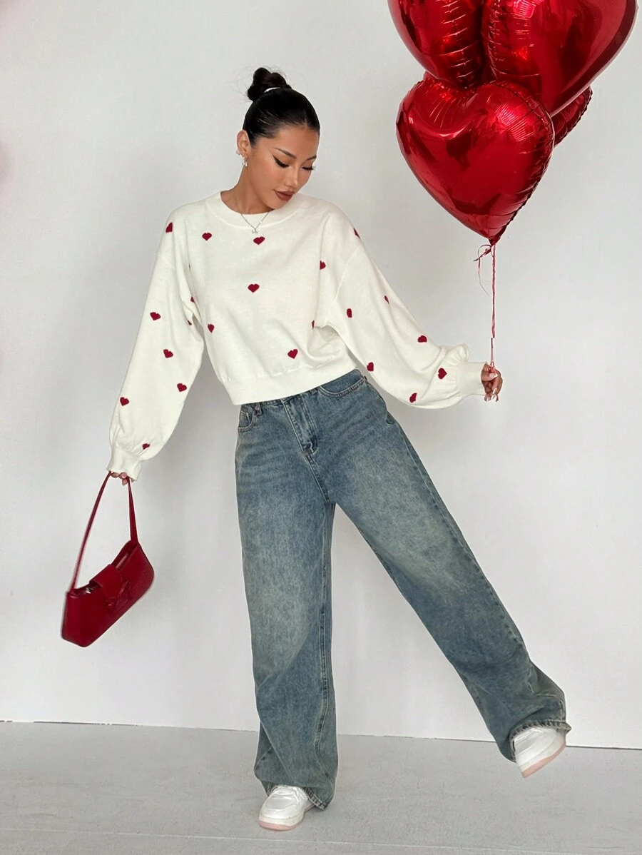 Flirla 情人节爱心图案圆领甜美优雅针织套头衫秋冬毛衣