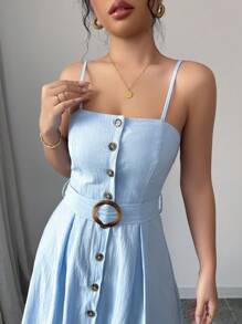 Chiquease Cài nút phía trước một hàng khuy, có thắt lưng, phong cách ngày lễ, thanh lịch và thời trang khi đi chơi, váy chữ A dài vừa phải màu xanh lam có dây đeo cho nữ, váy midi mùa hè, váy cài nút cho nữ, váy suông cho nữ, váy đi nghỉ cho nữ, váy chống nắng cho nữ - Màu xanh lam - Xem 7