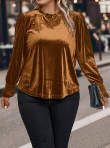 SHEIN Clasi Plus Size Women Solid Color Frill Trim Round Neck Batwing Sleeve Casual T-Shirt, Autumn - Coffee Brown - View 7