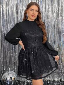 SHEIN Frenchy Plus Size Sequin Patchwork Party Dress - Silver - View 3