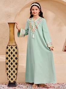 SHEIN Tween Girls Casual V-Neck Super Long Metallic Trim Fringed Loose Dress