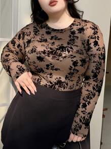 Dazy Plus 圆领植绒弹力修身女上衣，春夏长袖女上衣 - 咖啡棕 - 查看 4