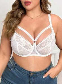 1pc Plus Size Contrast Lace Push-Up Wire Bra Lingerie - White - View 7