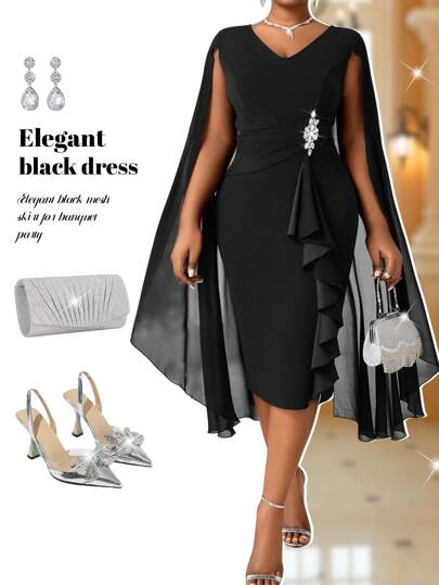 Fleurora 大码女式优雅斗篷结构蓝色透视正式晚礼服秋季女装四季蓝色连衣裙