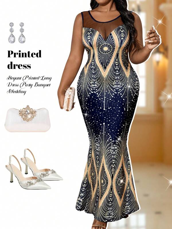 Fleurora Plus Size Women Mermaid Dress, Geometric Print Mesh Patchwork Tight Fit Long Dress, Summer