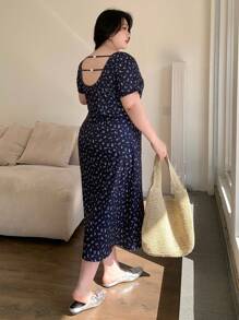 Dazy Plus 大码蝴蝶结装饰露背印花修身中长连衣裙，春夏女工连衣裙度假装 - 藏蓝色 - 查看 2