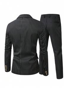 Manfinity Mode Plus Size Men's Striped Lapel Collar Double-Breasted Jacket And Pants, Business Suit Set