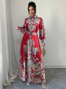 Calvaya Robe chemise maxi imprimée élégante de style vintage pour femmes