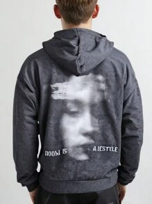 SHEIN Explorewe 1 pièce Sweatshirt à capuche avec imprimé graphique pour ado garçon, sweat-shirt décontracté - Gris foncé - Voir 2