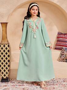 SHEIN Tween Girls Casual V-Neck Super Long Metallic Trim Fringed Loose Dress