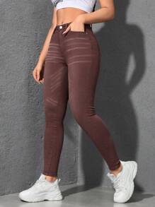 SHEIN Essnce 女式口袋紧身休闲百搭牛仔裤 - 酒紅色 - 查看 5