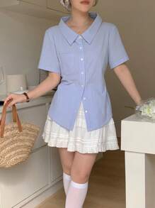 DAZY 女士单排扣口袋短袖条纹休闲衬衫夏季 - 藍色 - 查看 4