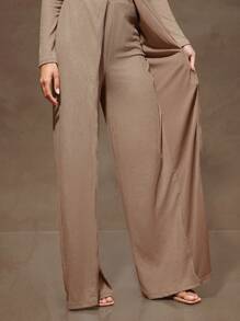 Denimoi Women's Solid Color Zip-Up Long Sleeve Ribbed Jumpsuit - Khaki - View 3