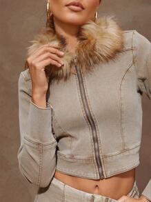 Denimoi Chaqueta vaquera de manga larga con cremallera y cuello de piel - Marrón - Ver 1