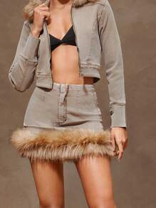 Denimoi 毛皮饰边拉链牛仔半身裙简约时尚日常休闲 - 棕色 - 查看 1