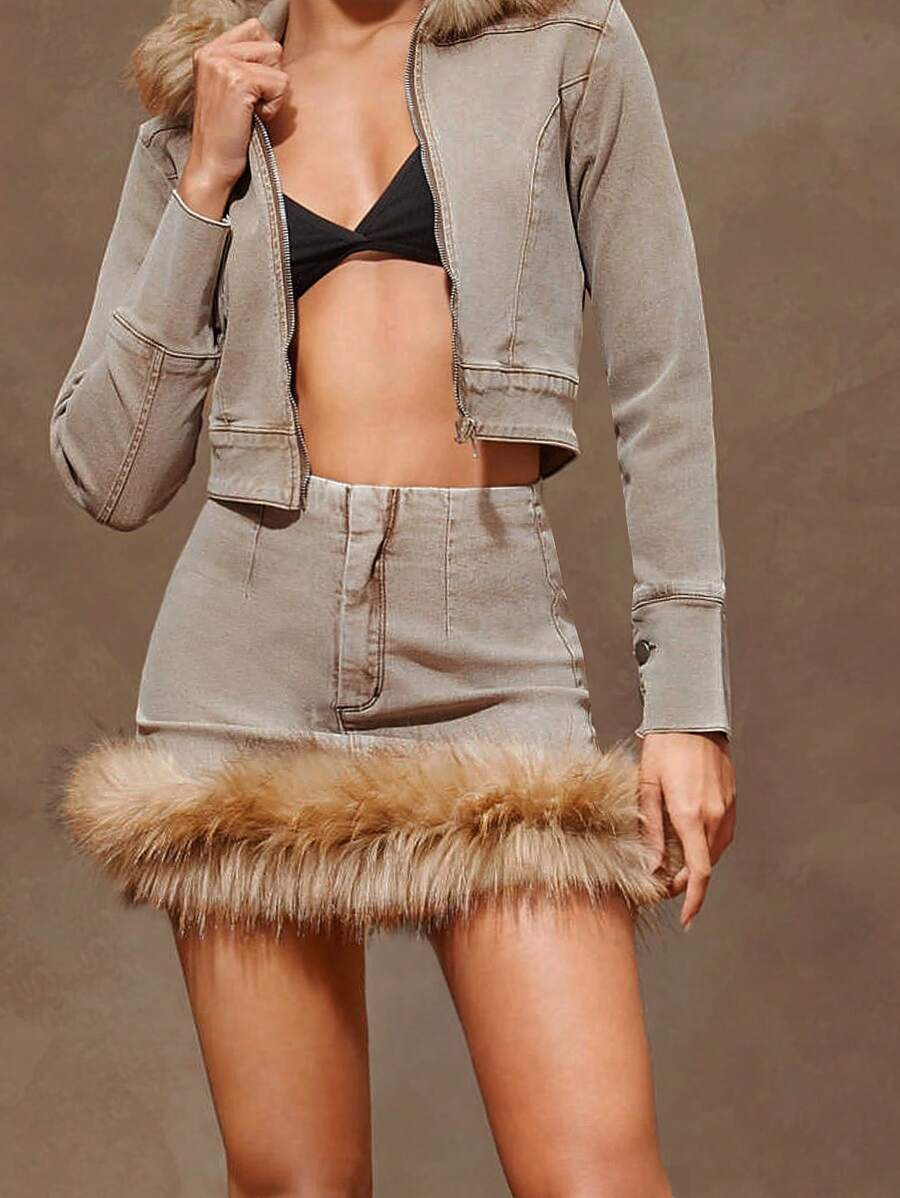 Denimoi 毛皮饰边拉链牛仔半身裙简约时尚日常休闲 - 棕色 - 查看 1