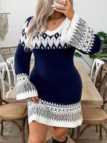 Calvaya Plus Size Retro Vibe Color Block V-Neck Jacquard Knit Sweater Dress Fall Winter Cloth For Women - Multicolor - View 7