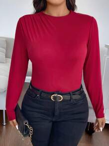 Celure Plus Size Casual Commuting Bodysuit, Comfortable Long Sleeve High-End, Niche, Base Layer, Lightweight Comfortable, Long Sleeve, Suitable For Valentine's Day - Burgundy - View 5