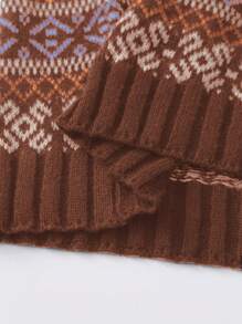 SHEIN LUNE Damski sweter retro casualowy z dzianiny wielokolorowej żakardowej w kolorze brązowym, odpowiedni na Halloween, Nowy Rok, Walentynki, Święto Dziękczynienia, Boże Narodzenie, Wielkanoc, Święto Narodowe, Bal, Sylwestra, Duży rozmiar, Jesień/Zima