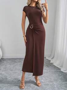 Ellevyn Women's Elegant Metal Button Decoration Twist Waist Long Sleeve Dress For Work And Daily Wear Women's Summer Clothing Ladies Dress Elegant Carnival Summer Women's Dress, Summer Dress Spring Wear Solid Black