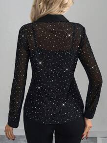 Editum 女士长袖闪亮亮片弹力黑色透明优雅日常穿着衬衫，春夏 - 黑色 - 查看 2