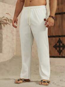 VENTUSAIL 男士纯色亚麻休闲裤，简约时尚，适合日常穿着，秋季 - 米色 - 查看 5