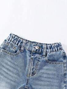 年轻女孩的破洞洗水牛仔喇叭裤配蝴蝶结装饰，时尚年轻女孩 - 淺色水洗藍 - 查看 6