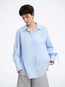 SHEIN Clasi 女士简约纯色优雅休闲商务舒适宽松插肩长袖衬衫，春秋 - 淺藍色 - 查看 1