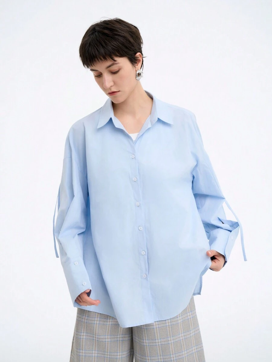 SHEIN Clasi 女士简约纯色优雅休闲商务舒适宽松插肩长袖衬衫,春秋 - 淺藍色 - 查看 1