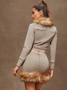 Denimoi 毛皮饰边拉链牛仔半身裙简约时尚日常休闲 - 棕色 - 查看 4