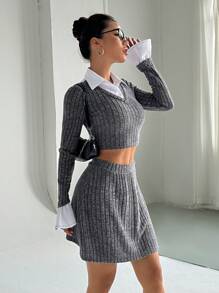 Flirla 纹理马球领长袖修身毛衣上衣和 A 字裙套装，学院风 - 灰色 - 查看 3