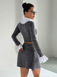 Flirla 纹理马球领长袖修身毛衣上衣和 A 字裙套装，学院风 - 灰色 - 查看 5