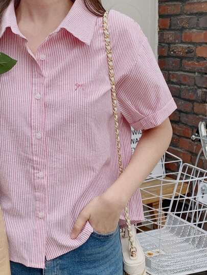 DAZY Women's Bow Embroidered Lapel Loose Short Sleeve Shirt, Spring & Summer