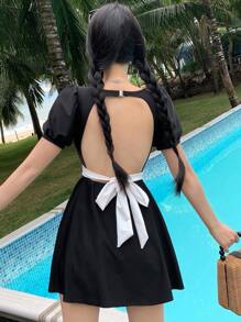 DAZY Costume da bagno monopezzocon maniche a palloncino, schiena aperta e laccetti, bicolore, casual, adatto per l'estate e le vacanze al mare - Bianco e nero - Visualizzare 6
