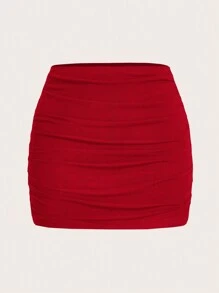 SHEIN MOD Minifalda acampanada con volantes de doble capa de malla de verano - Rojo - Ver 2