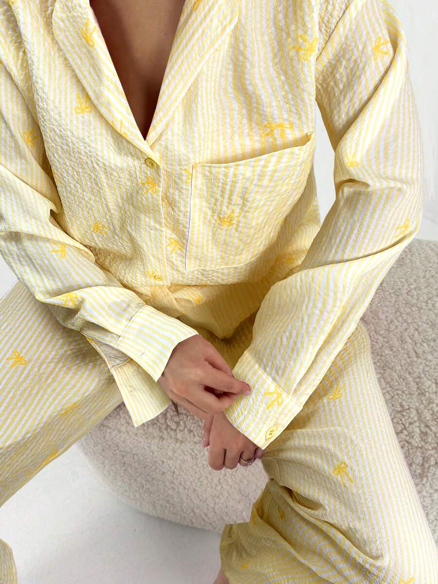 Aloruh Bộ quần áo và áo sơ mi in sọc đỏ trắng mới, phù hợp mặc trong nhà và ngoài trời - Màu vàng - Xem 1