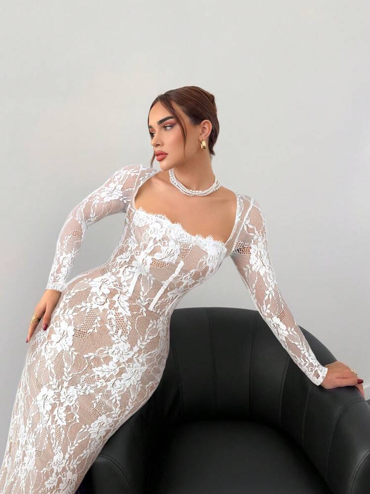 Aloruh Vestido Longo de Malha Tomara-Que-Caia Sexy com Mangas Longas de Renda em Formato de S, Ajustado, para Festa, Encontro à Noite, Ocasião da Noite, Outono/Inverno Feminino - Branco - Visão 1