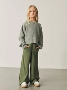 SHEIN 少女寬鬆針織復古高腰寬腿褲 - 軍綠色 - 查看 5