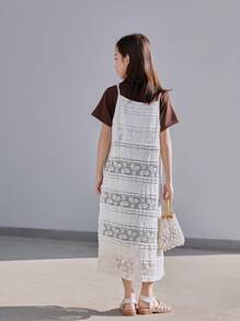 2pcs/Set Girls Solid Short Sleeve Dress With Lace Camisole Dress, Summer Set - Khaki - View 6