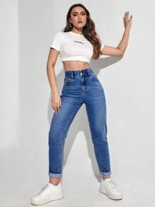 SHEIN EZwear Women's Pocketed Skinny Casual Versatile Denim Jeans - Dark Wash - View 4