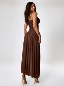 MUSERA Ruched Front Plunge Maxi Dress Spring Romantic Summer Vacation Wedding Guest Ibiza Holiday Beach Fall Night Out Wedding Guest Elegant Date Night Fall Winter - Chocolate Brown - View 2